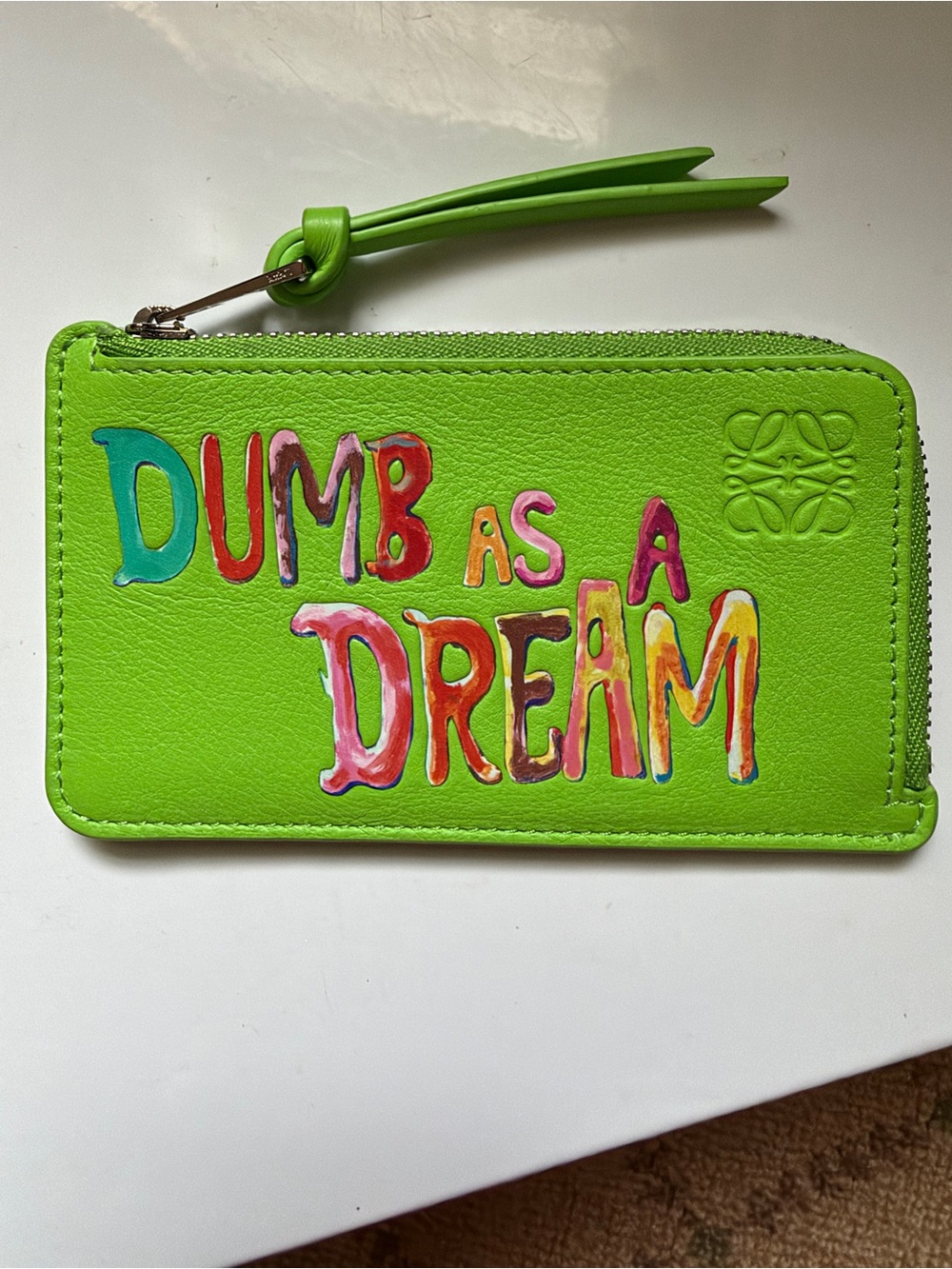 Loewe Dumb As A Dream Painted Calfskin Coin Cardholder in Vivid Green. NWT